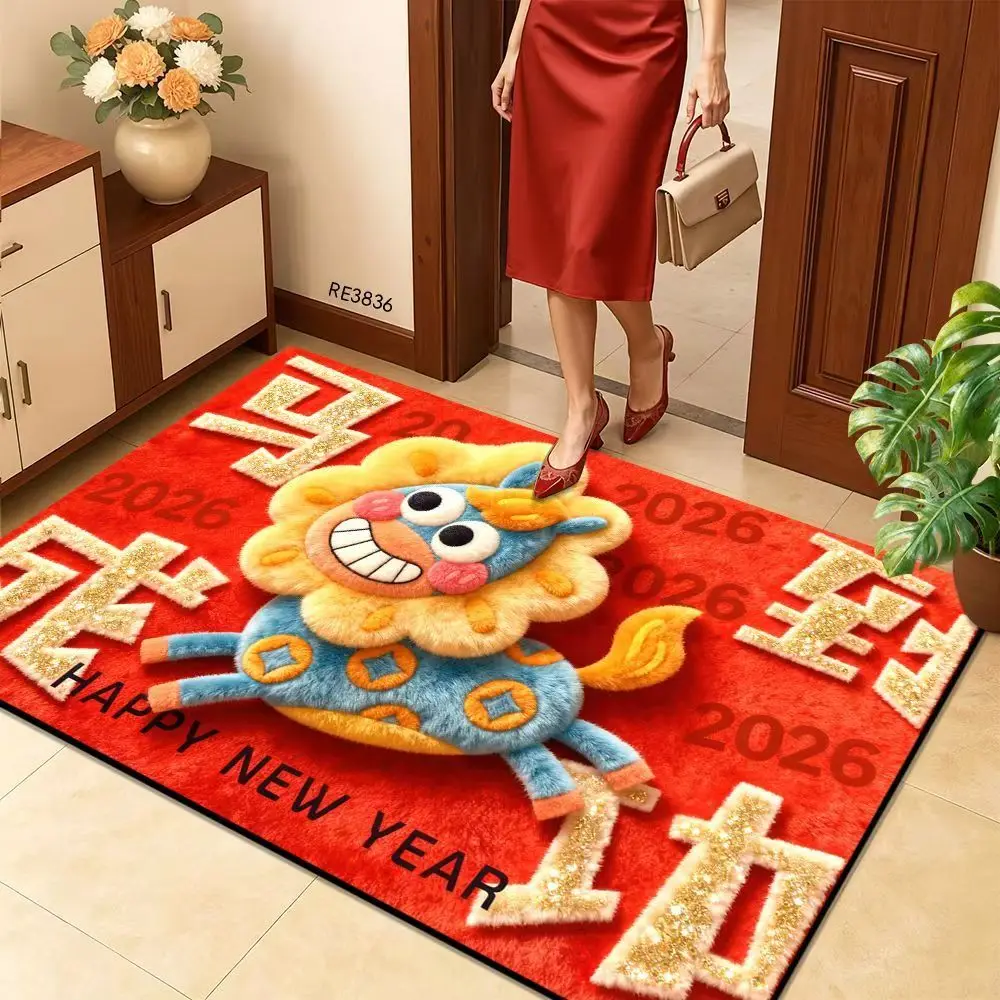 

Новогодний придверный коврик 2026: Праздничный красный плюшевый 3D-ковер с эффектом объема, противоскользящий, износостойкий, в современном китайском стиле, домашний текстиль