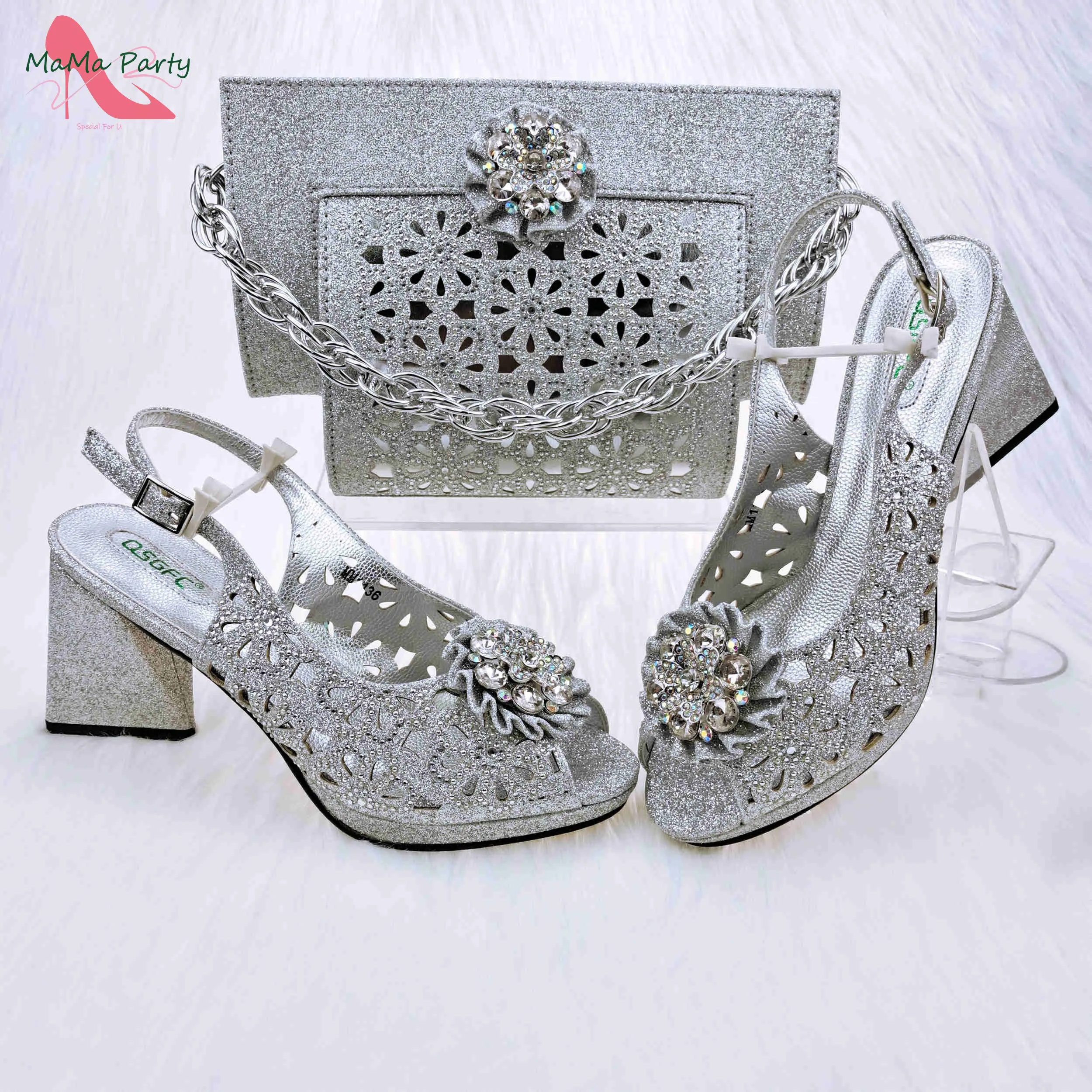 Mature Style Women Shoes and Bags Set 2023 Spring New Design Rose Gold Color Italian Sandals with Shinning Crystal for Party