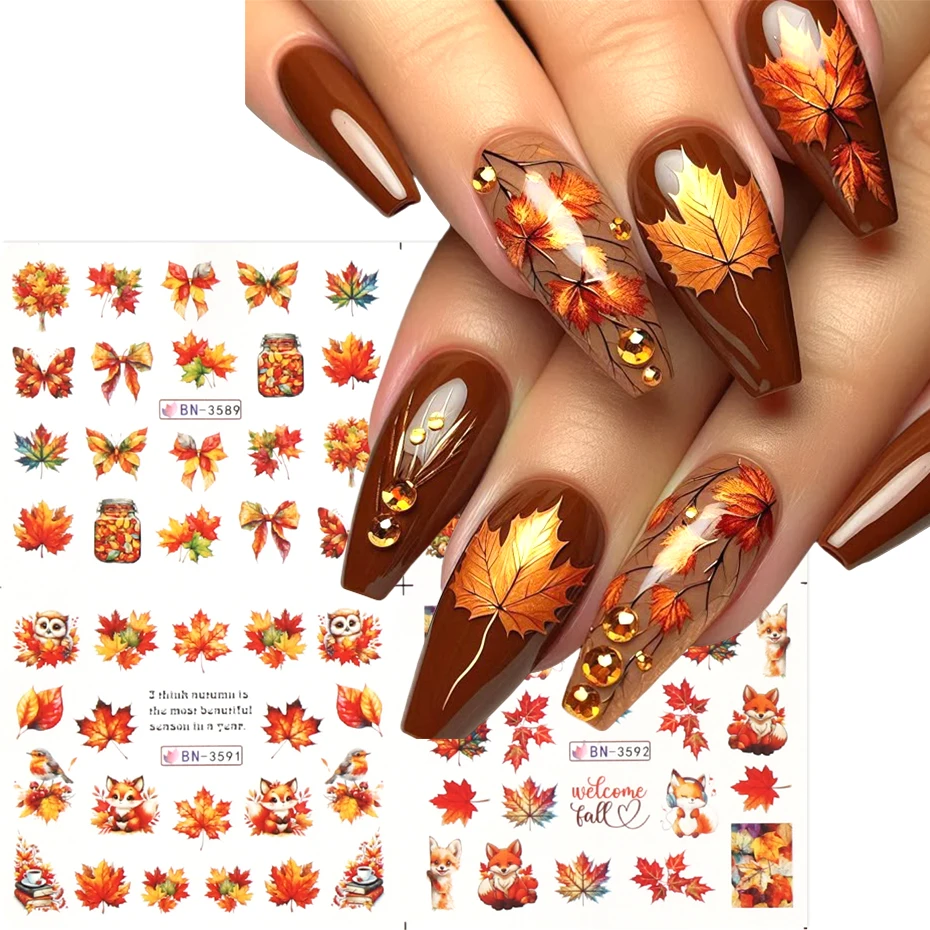 Autunno Foglie d'acero Adesivi per nail art Cursori Riccio Scoiattolo Foglia autunnale Turchia Adesivo per trasferimento d'acqua per unghie Decorazioni per decalcomanie