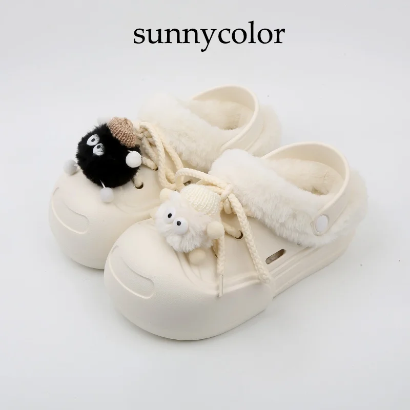 Sunnycolor Winter Fleece-lined Porous Shoes Women's Outer Wear Open Smile Big Head Cotton-padded Shoes Height Increasing Thic...