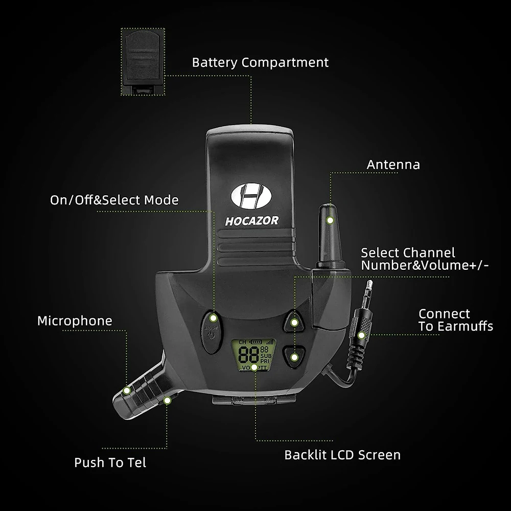 HOCAZOR 야외 사냥용 워키토키, 전술 전자 사격 귀마개, 외부 마이크 키트, 3 마일 범위, 22 채널