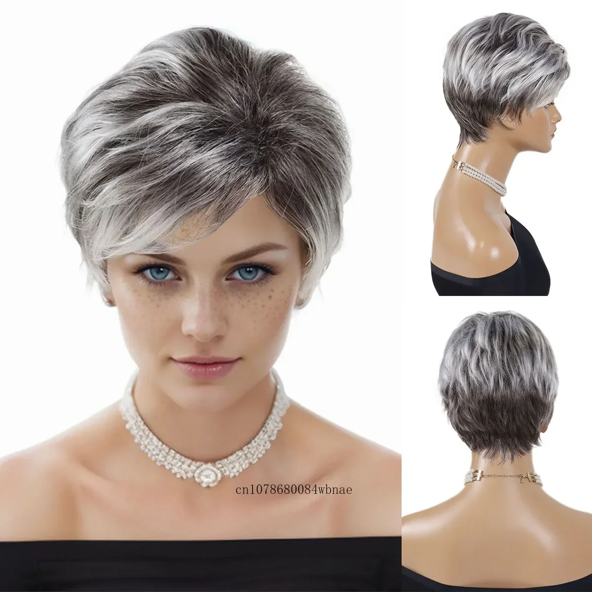 Grey Mix White Pixie Cut Synthetic Wig for Older Women Grandma Short Layered Wigs with Bangs Daily Costume Party Heat Resistant