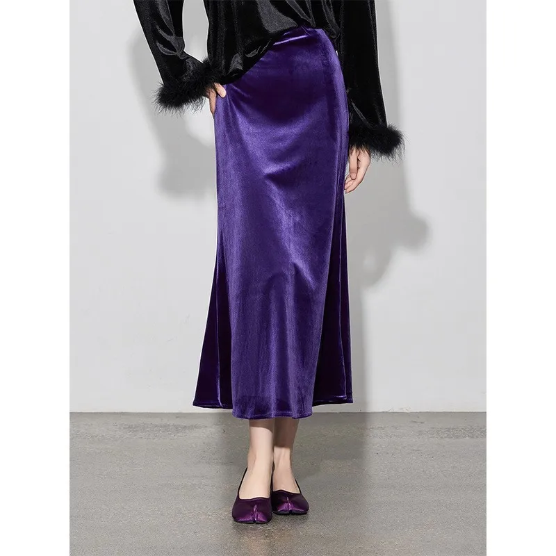 

Johnature 2025 Fall Winter New Elasticated High Waist Velvet Skirt Retro Slim A-Line Fishtail All Match Skirts Women
