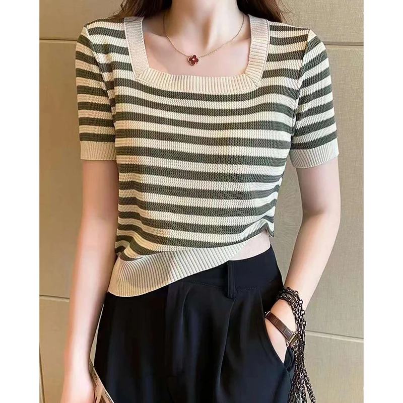 

Crop Top Women Striped T Shirt Square Collar Tops Knitted Tshirts Casual Short Sleeves Tees Thin Woman Clothes Summer Camisetas