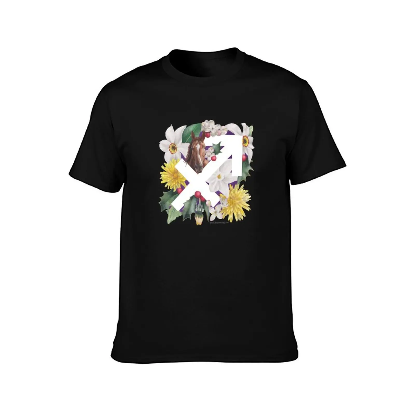 Sagittarius Watercolor Horse with Birth Flowers Narcissus Holly Dandelion T-Shirt Gym Exercise Short Sleeve T-Shirt