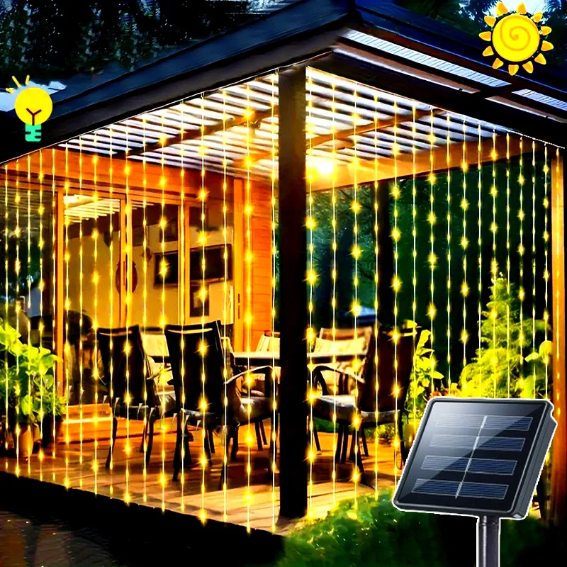 8つのモードを備えたソーラーカーテン、クリスマス、結婚式、パーティーの装飾用のフェアリーテイルライト、屋外ガーデンストリングライト、窓やパティオ用
