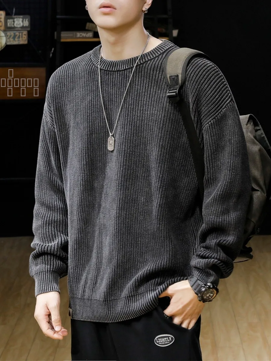 

American Retro Thi Needle Bla round Ne Sweater Men Autumn Winter Trend Loose Versatile Overhead Long Sve Knittedwear