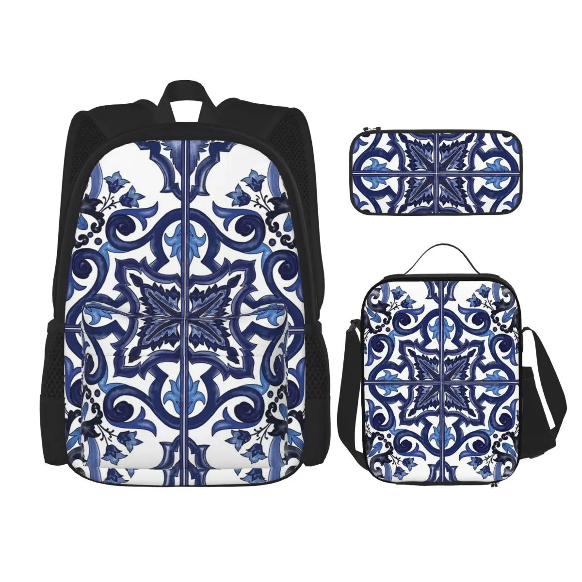 Blue Ornate Floral Mediterranean Sicilian Tile Backpacks hildren School Bags Kids Rucksack Lunch Bag Pen Bag Three-Piece Set