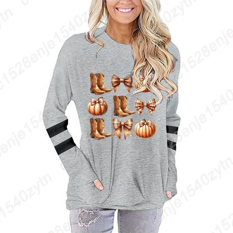 Autumn And Winter Plus Size Fashion Tops Fall Pumpkin Boots Bow Long Sleeve Shirts Ladies Round Neck Pullovers Women Sweatshirts