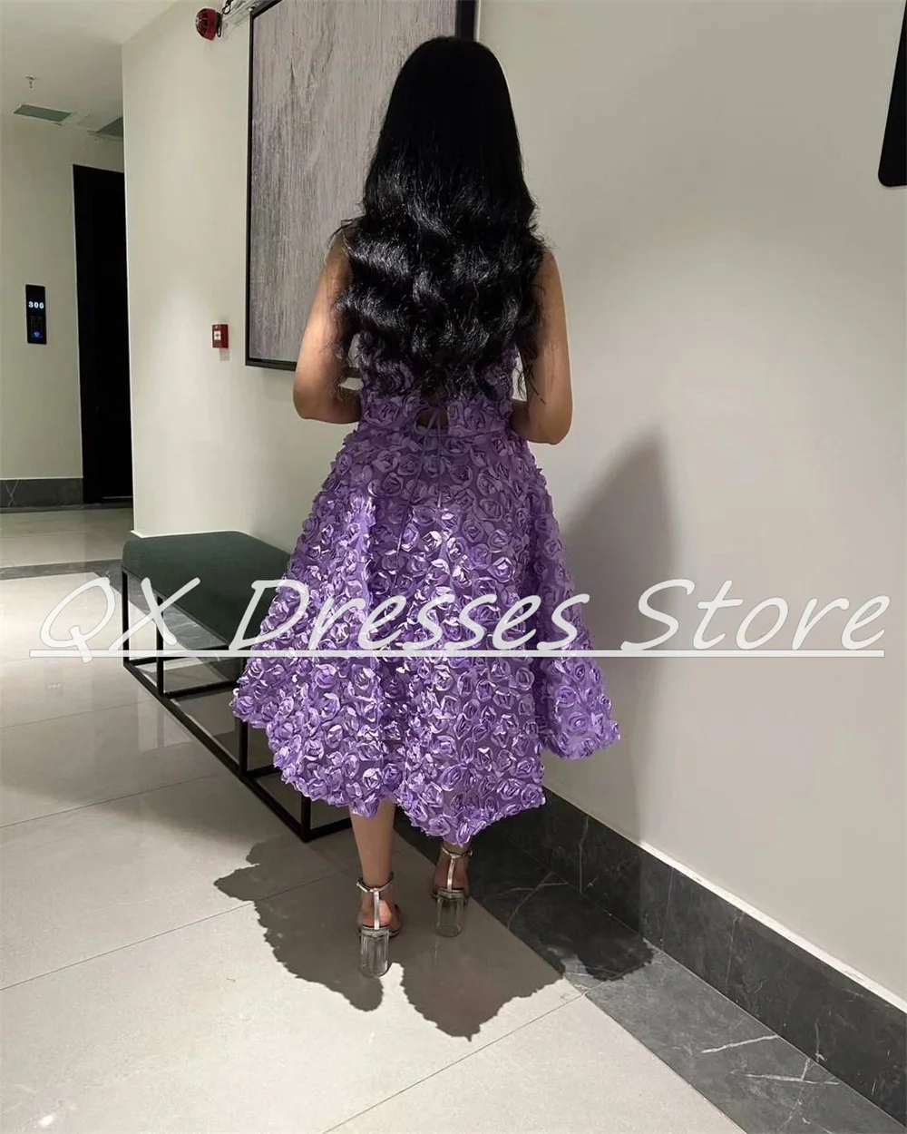 CustomizedHalter A-line Prom Gown Tea-Length Backless Party Dresses Simple 3D Handmade Flowers Cocktail  فساتين للحفلات الراقصة