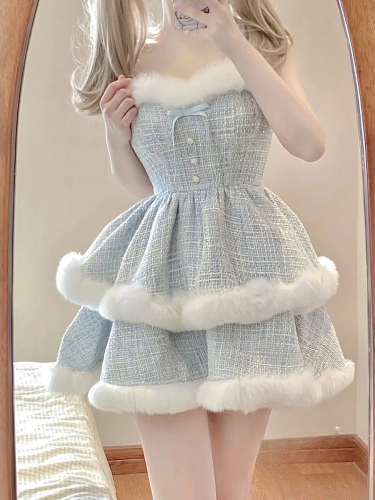 2023 Winter Kawaii Lolita 2 Piece Dress Set Sweet Short Coat Warm + Cute Fashion Y2k Mini Dress Party Japanese Style Suit Woman