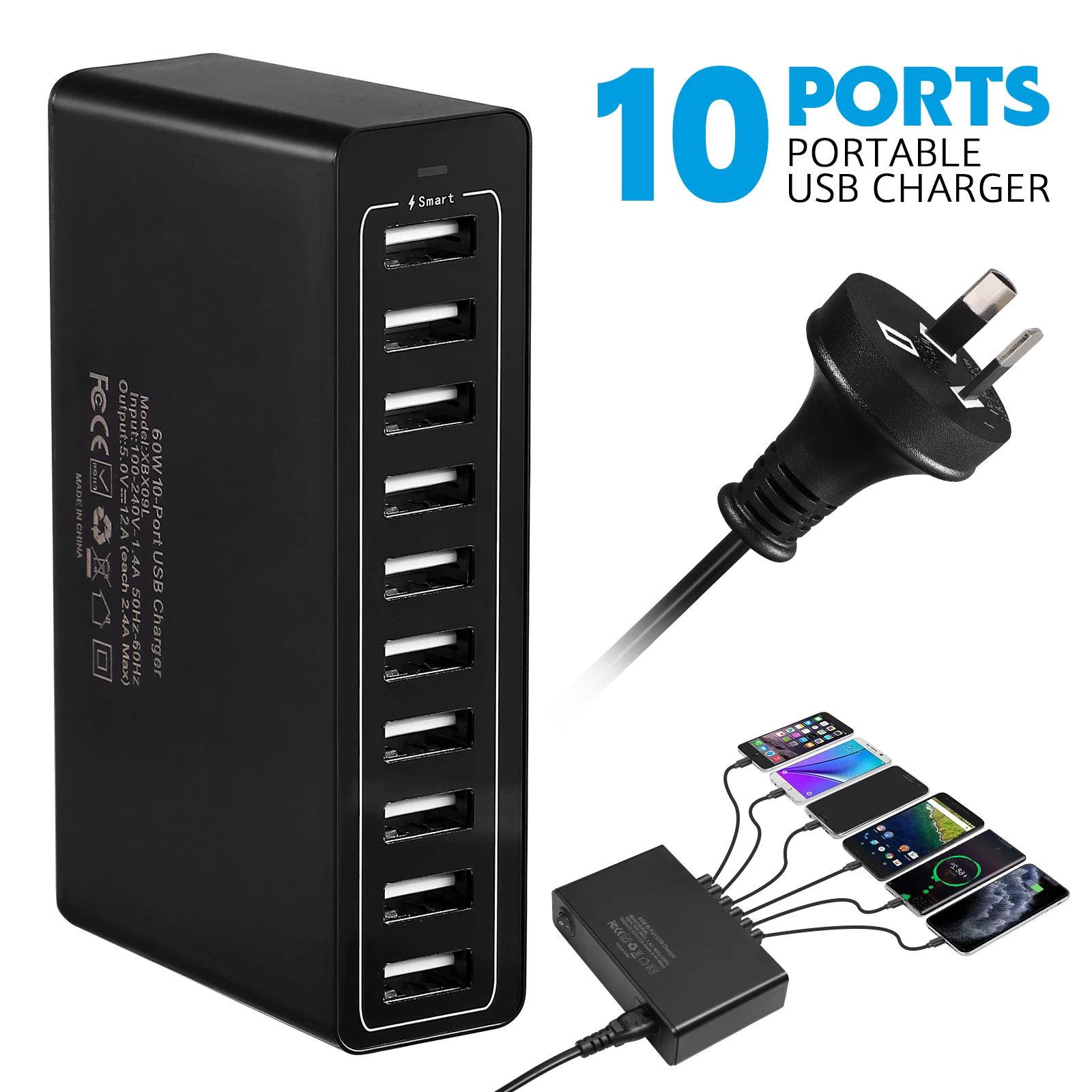 10 Port 12000mA USB Portable USB Charging Station 60W Fasting Charging USB Station for Multiple Devices (AU Plug