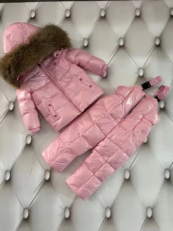 New 2022 Winter Jacket Children down jackets & pant duck down Brand Raccoon Fur hood girl snowsuit set outerwear ski suit Parka