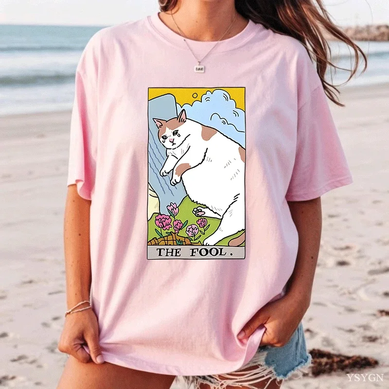 Sad Cat Meme The Fool Tarot T-Shirt Men Women Witchy Clothing Crying Cat T Shirt Casual Oversized T-shirts Streetwear Clothing