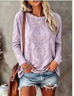 Women Long Sleeve T‑Shirt Delicate Branch Bird Floral Print Crew Neck Loose Casual Daily Tops