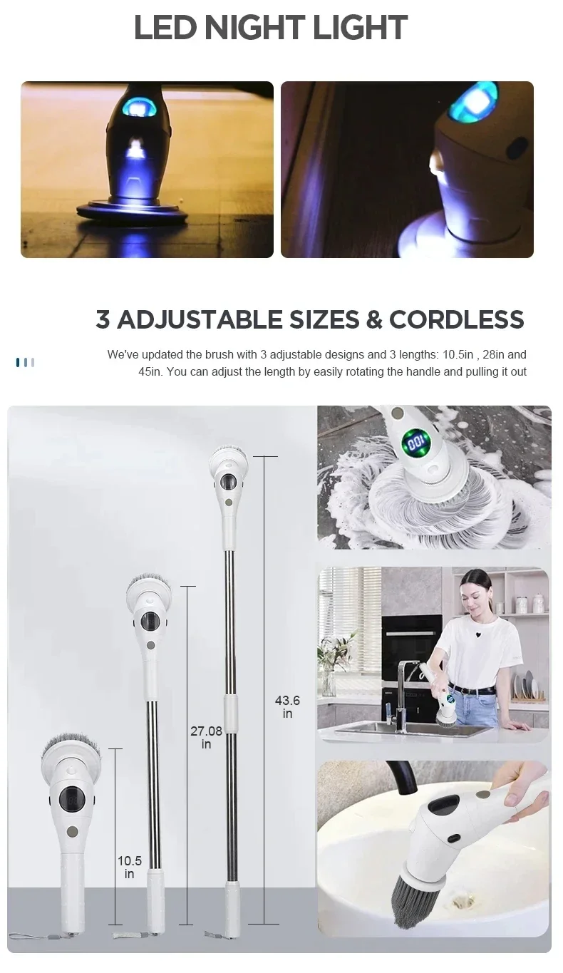 Multifunctional Electric Cleaning Brush Bathroom Kitchen Brush Cleaning With LED NightLight Rotatable Household Brush 8-in-1