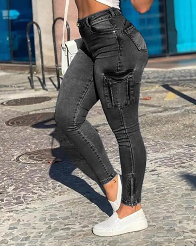 

Women's Summer Casual Jeans Street Trendsetters Fashion Buttoned Pocket Design Plain High Waist Skinny Denim Pants for Women