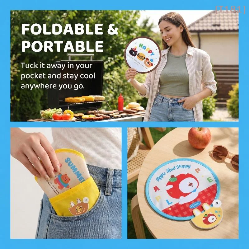 [E] Cute Cartoon Foldable Handheld Round Fan Lightweight Portable Summer Fan Mini Outdoor Round Convenient Pocket Fan