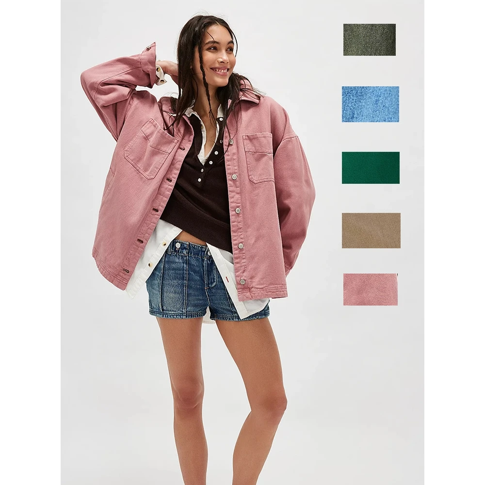 Casual Versatile Women's Denim Jacket Side Slit Pocket 2025 Spring Loose Fit Long Sleeve Jeans Style No Brand 8972