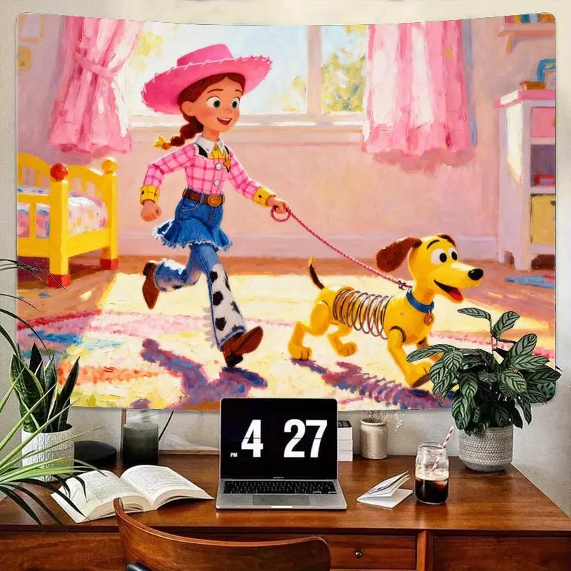 

1 шт., гобелен «История игрушек» Джесси, гобелен с собакой, розовый кавайный мультяшный настенный рисунок для девочек, декор для спальни из полиэстера, детский подарок для фанатов