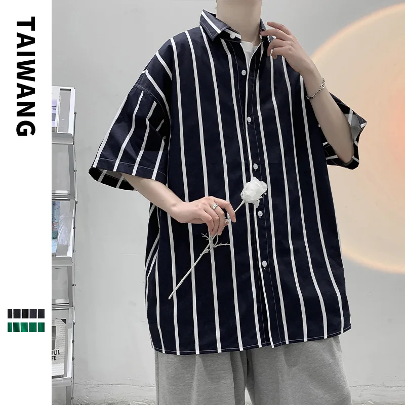 

Mens Striped Shirt Summer Fashion Stand Collar Button Strip Print Short Sleeve Male Hipster Shirts Top Chic Men Shirt Chemise Ho