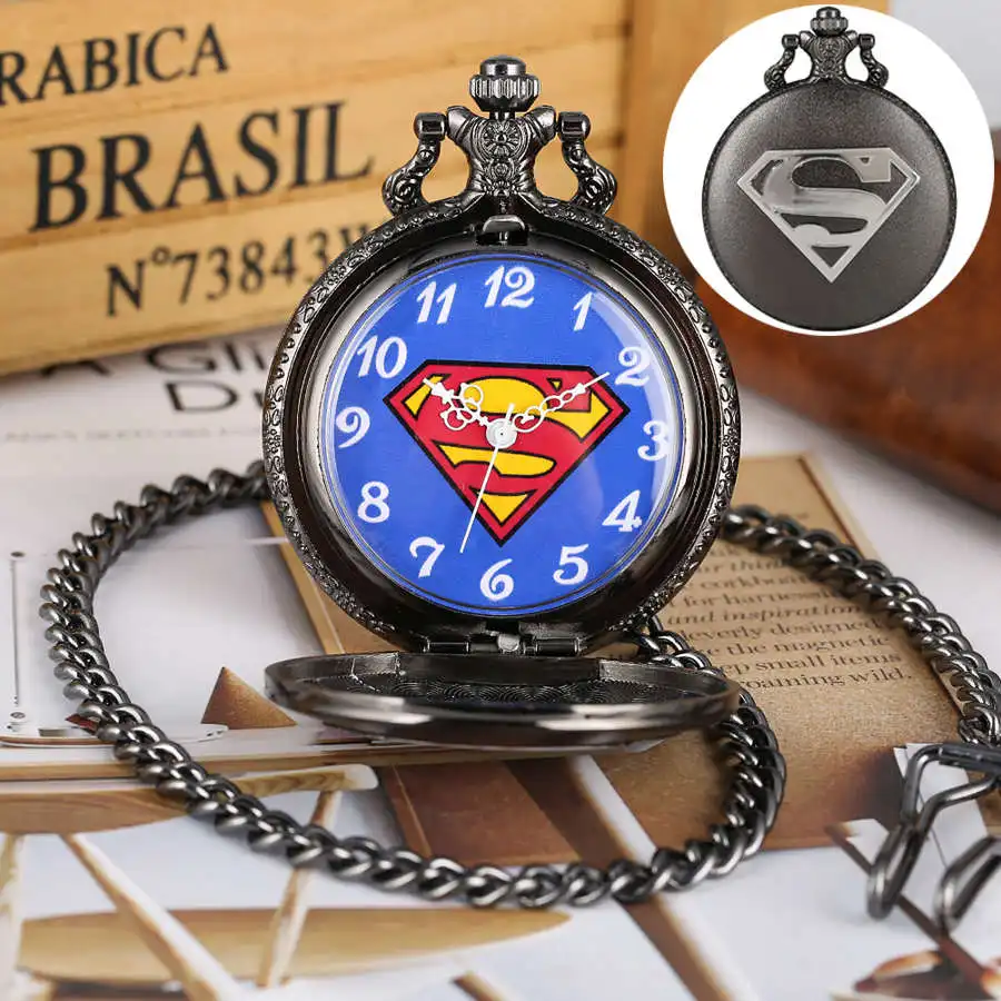 Reloj de bolsillo de cuarzo con esfera azul a la moda, reloj de Anime con collar de 80cm/Cadena de gancho de cintura de 38cm, color negro mate Simple antiguo Super "S"