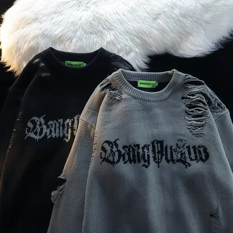 

Мужской свитер оверсайз в американском стиле с круглым вырезом, свободного кроя, с дизайнерскими цветными вставками, осенне-зимний, больших размеров