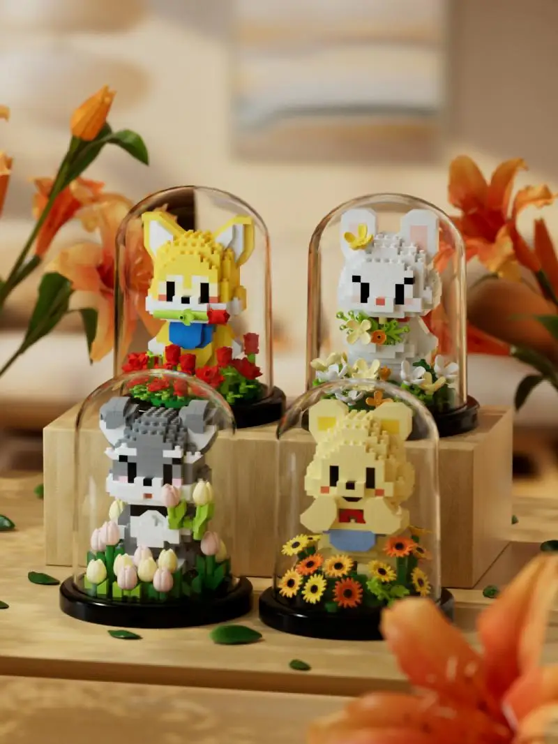 Criativo animal bloco de construção jardim, cão dos desenhos animados, coelho, rosa, mini pet tijolo modelo, decoração home, brinquedo da educação, presente das crianças