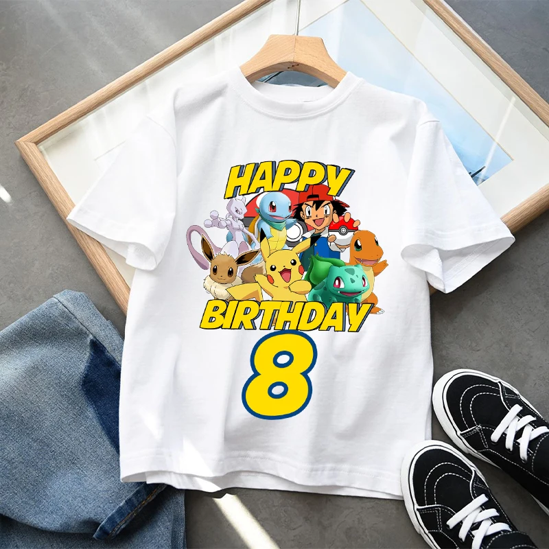 Nowe koszulki dziecięce Pokemon Pikachu Cartoon Birthday Number Graficzna koszulka dziecięca Bawełniane topy z krótkim rękawem Odzież dziecięca