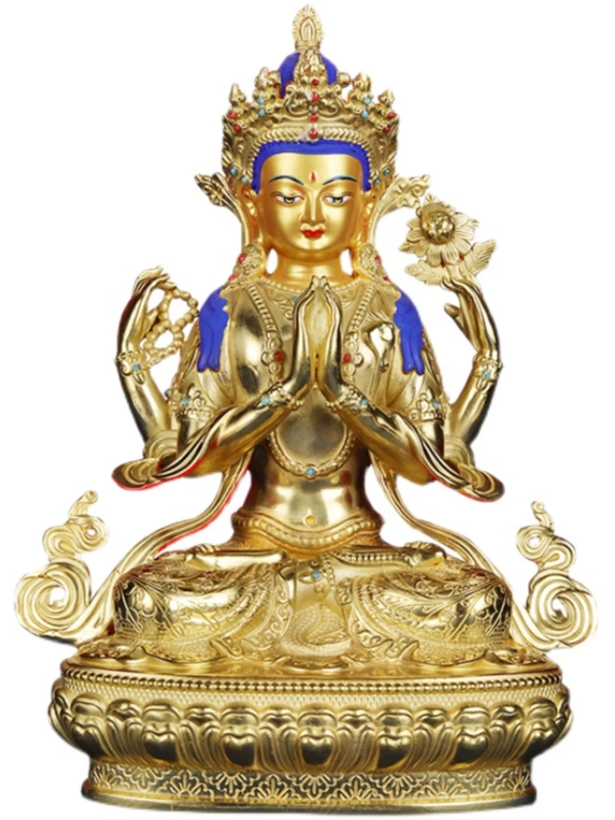 Four arm Avalokitesvara Buddha, pure copper, Tibetan gilt, household offerings in Xizang, 5 inches 7 inches 1 foot 10 inches 20