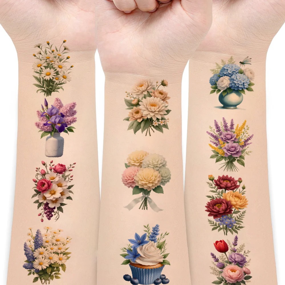 

63pcs Temporary Tattoo Bouquet Art Illustration Floral Designs Temporary Tattoo Stickers For Arms Children Cheeks