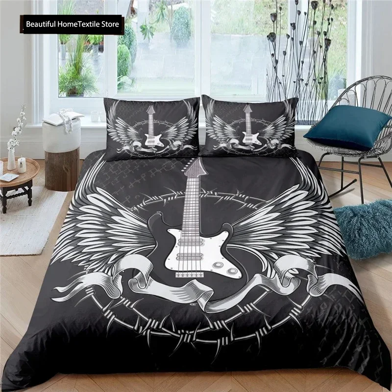 3d Music Notes Guitar Comfortable Duvet Quilt Cover Pillowcase Bedding Set Children Bedroom Decoration Home Textile