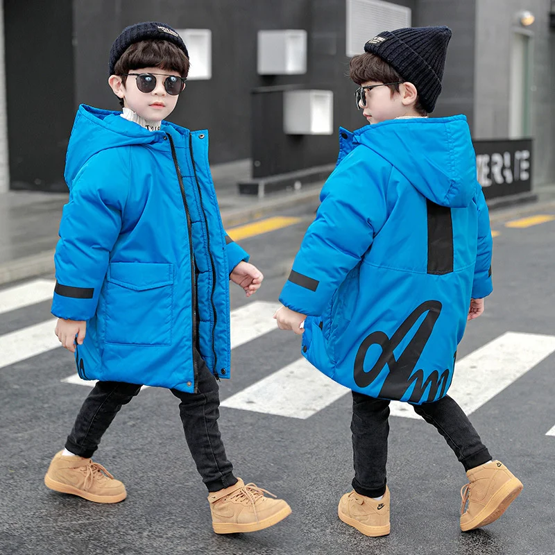 Year Children's Jacket Boys 4-14 Digital Hooded Thicken Mid-length Warm Cotton Coat Winter Fashion Big Children's Cotton Jacket