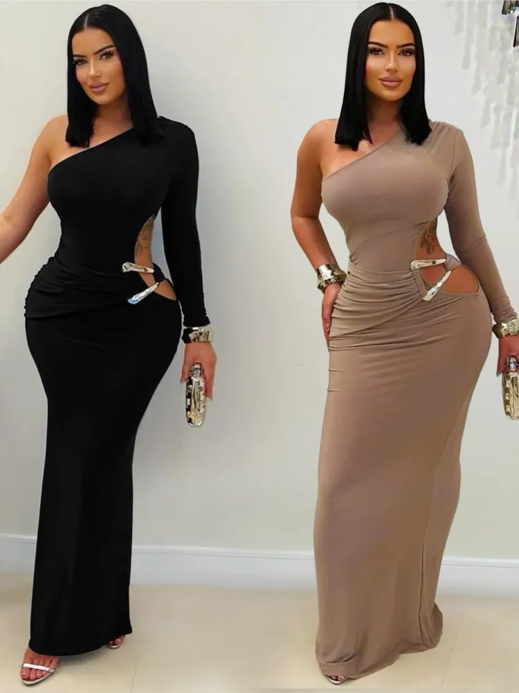 Une épaule évider robe longue femmes automne hiver à manches longues col diagonale dos nu Clubwear fête Maxi robes moulantes