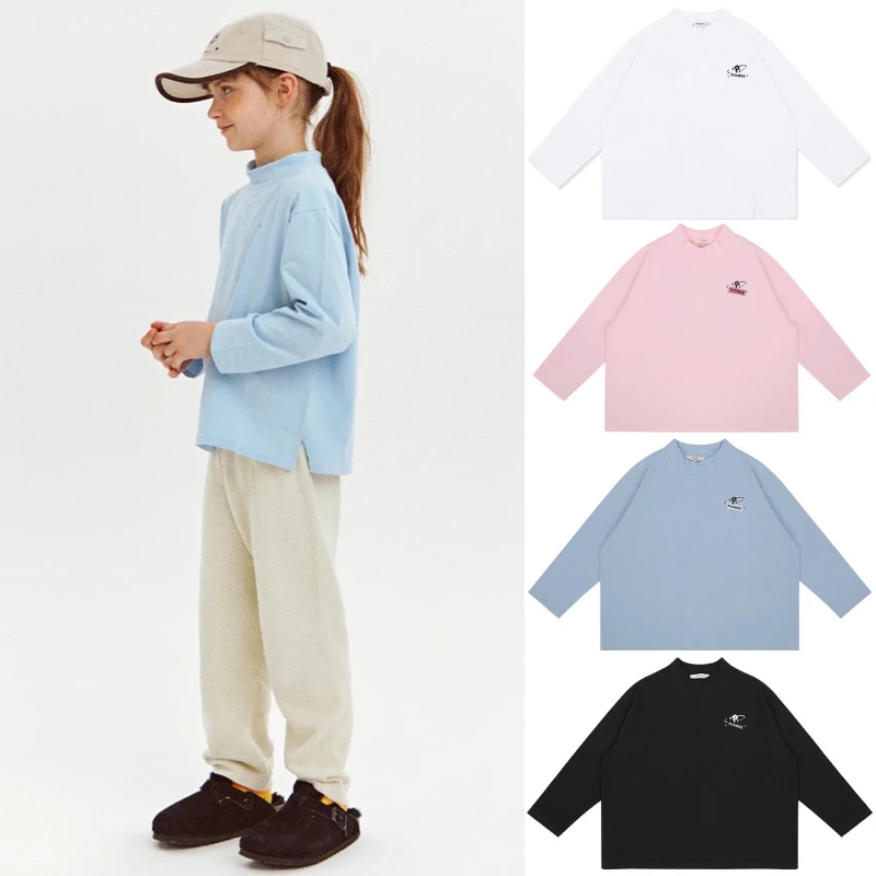 high-collar-t-shirt-long-sleeve-pure-color-letter-print-inner-wear-children's-clothing-kids'-fashion-spring-autumn-season