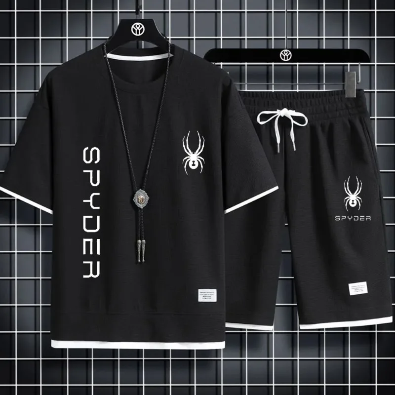 Spyder ชุดวอร์มผู้ชายแบบเกาหลีเสื้อยืดแขนสั้นและกางเกงกีฬาขาสั้นชุดลำลองฤดูร้อนชุดวิ่งชุดชุดสูทสองชิ้นผู้ชาย