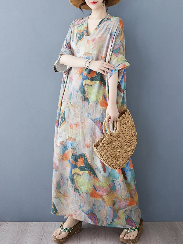 Summer Floral Print Vaion Sle Travel Long V-Ne Retro Cotton Linen Dr Knee-Length Meat Concealing Straight Cut Gown