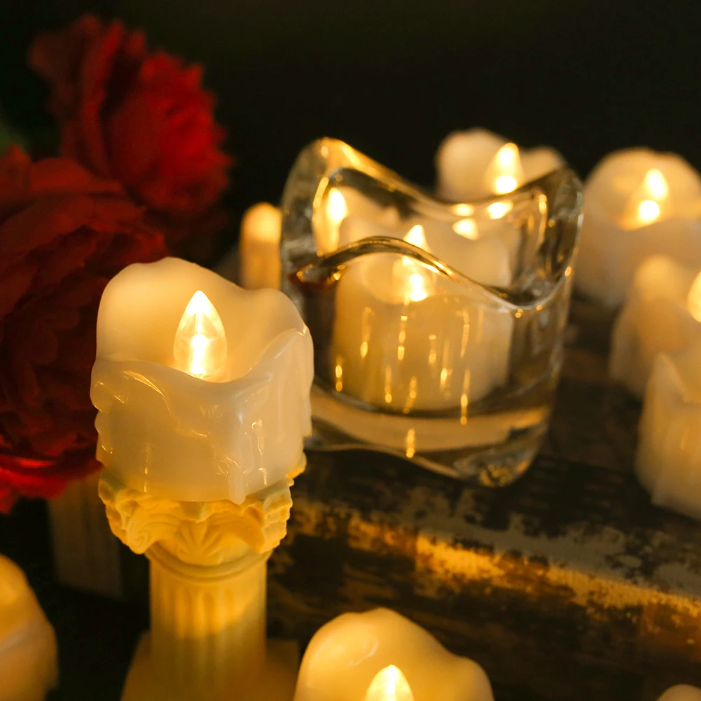 12/24x Drip Wax LED Tea Light Flickering Votive Candles With /Without Remote Realistic Electric Lights for Wedding Holiday Decor