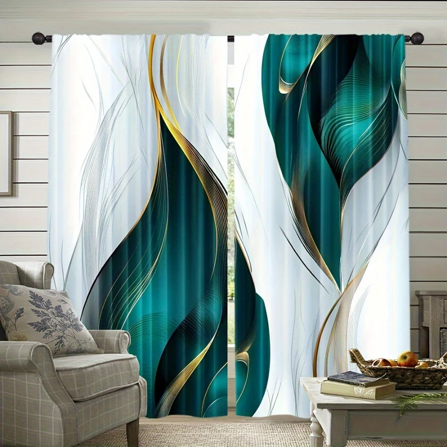 2PCS Digital Printed Curtains, Gold Green Flow Design, Modern Minimalist Style for Living Room Bedroom Kitchen Home Decor
