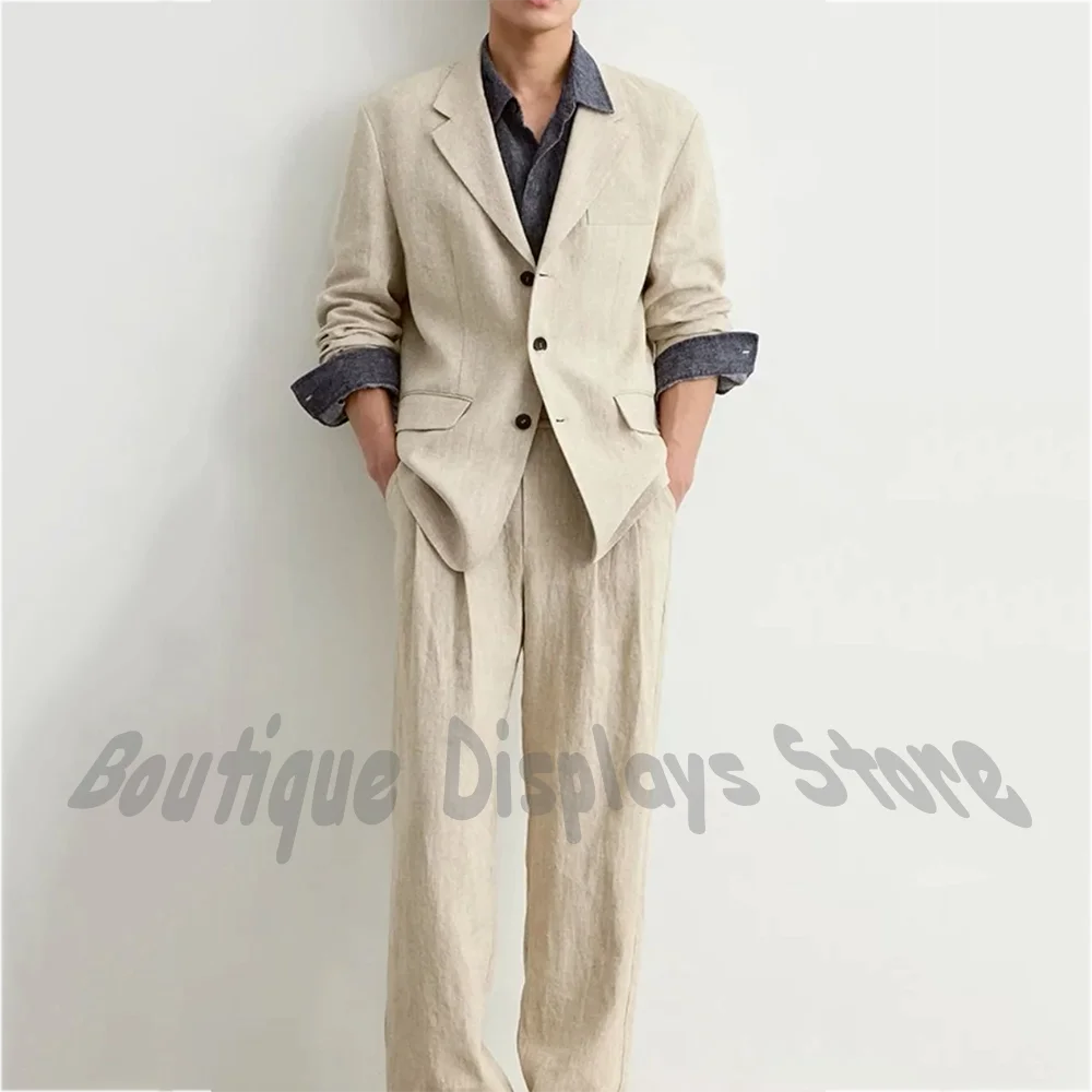 

Beige Linen New Summer Men's Suit Notch Lapel Straight Single Breasted Casual Chic Outfit Fashion Street Style Daily Outfit