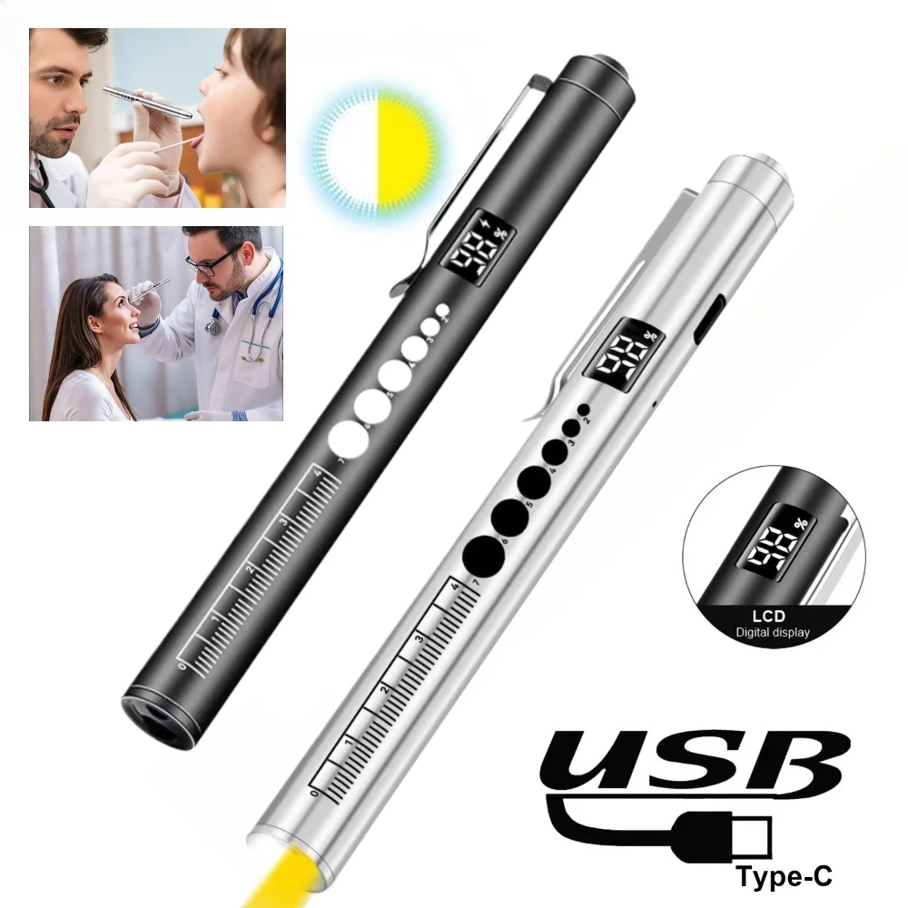 Portable Medical Examination Pen Light Rechargeable Dual Yellow White Light Pupil Ruler Torch for Oral and Pupil Check