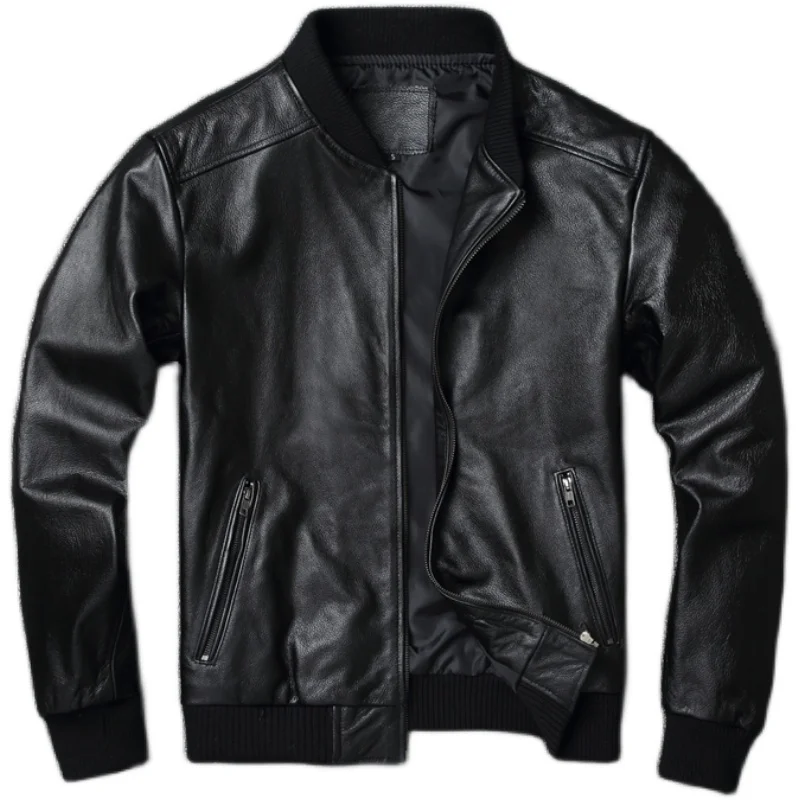 

Genuine Cowhide Leather Jacket Men Leather Baseball Coat Quilted Mens Slim Collar Short Jacket Large Size Coat Spring Autumn