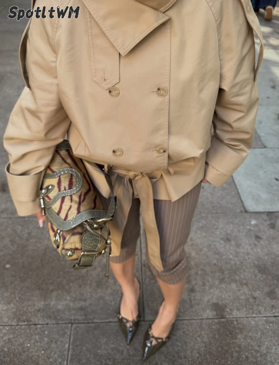 Women's Khaki Stand Collar Double Breasted Short Trench Jacket Self Tie Waist Strap Shoulder Cuff Button Commute Coats Autumn