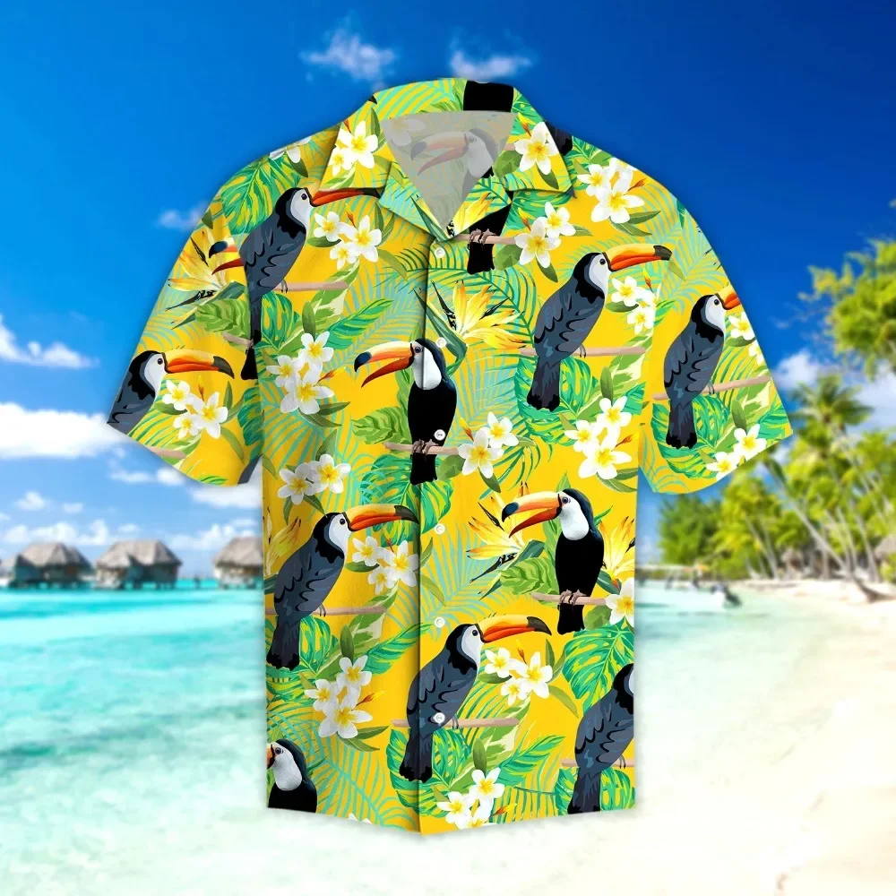 New 3D Printing Parrot Tropical Hibiscus Hawaiian Shirt Summer Beach Short Sleeve Shirt Men's Harajuku Casual Cool Shirt