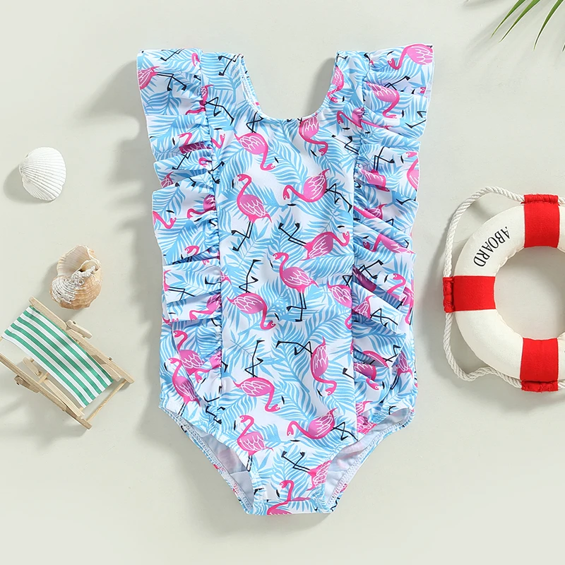 Summer Baby Girl Bikini Beachwear Swimwear Toddler Cartoon Print Ruffled Sleeveless Swimsuit Bathing Suit