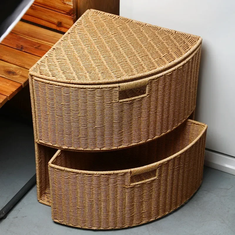 Kens fan rack living room corner storage cabinet imitation rattan braided two-layer finishing basket triangular drawer basket