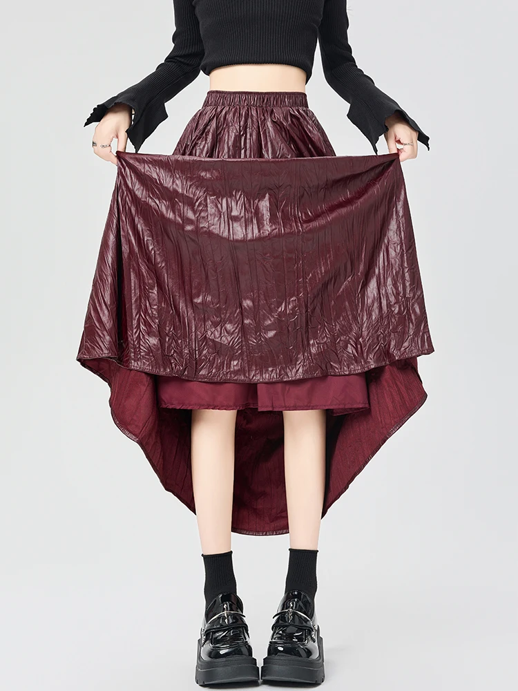 American Retro Wine Red Autumn Winter Pu Leather Maxi Skirt For Women 2024 High Waist Loose Vintage Fold Pleated Skirt Long Lady