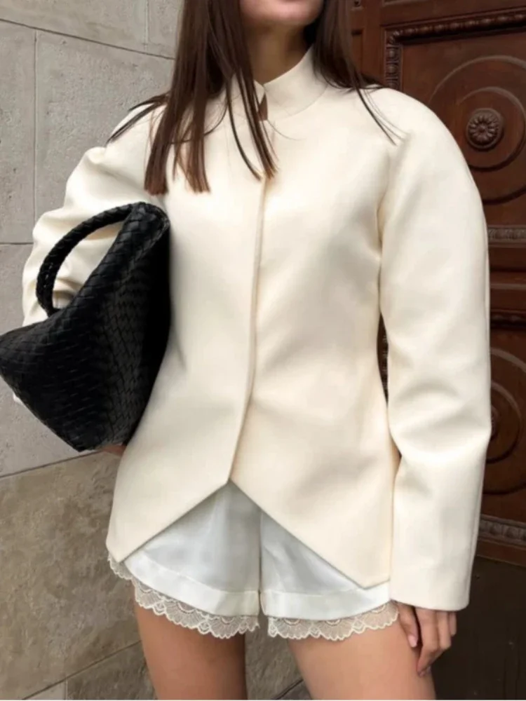 Jacket Solid Stand Collar Raglan Long Sleeve Hidden Zip Irregular Hem Casual Coat  Autumn Fashion Loose Jackets Blazers Women
