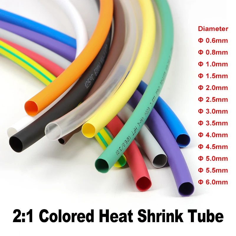 2M Colored 2:1 Heat Shrink Tube 0.6/0.8/1/1.5/2/2.5/3/3.5/4/4.5/5/5.5/6mm DIY Cable Repair Shrinkable Sleeving Wire Sheath Wrap