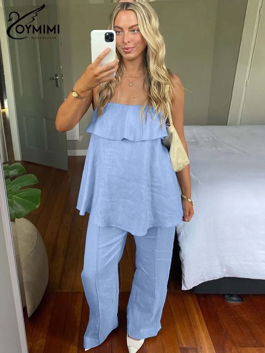 

Oymimi Elegant Blue Cotton 2 Piece Sets Woman Outfits Fashion Spaghetti Strap Lace-Up Ruffled Tops And Simple Straight Pants Set